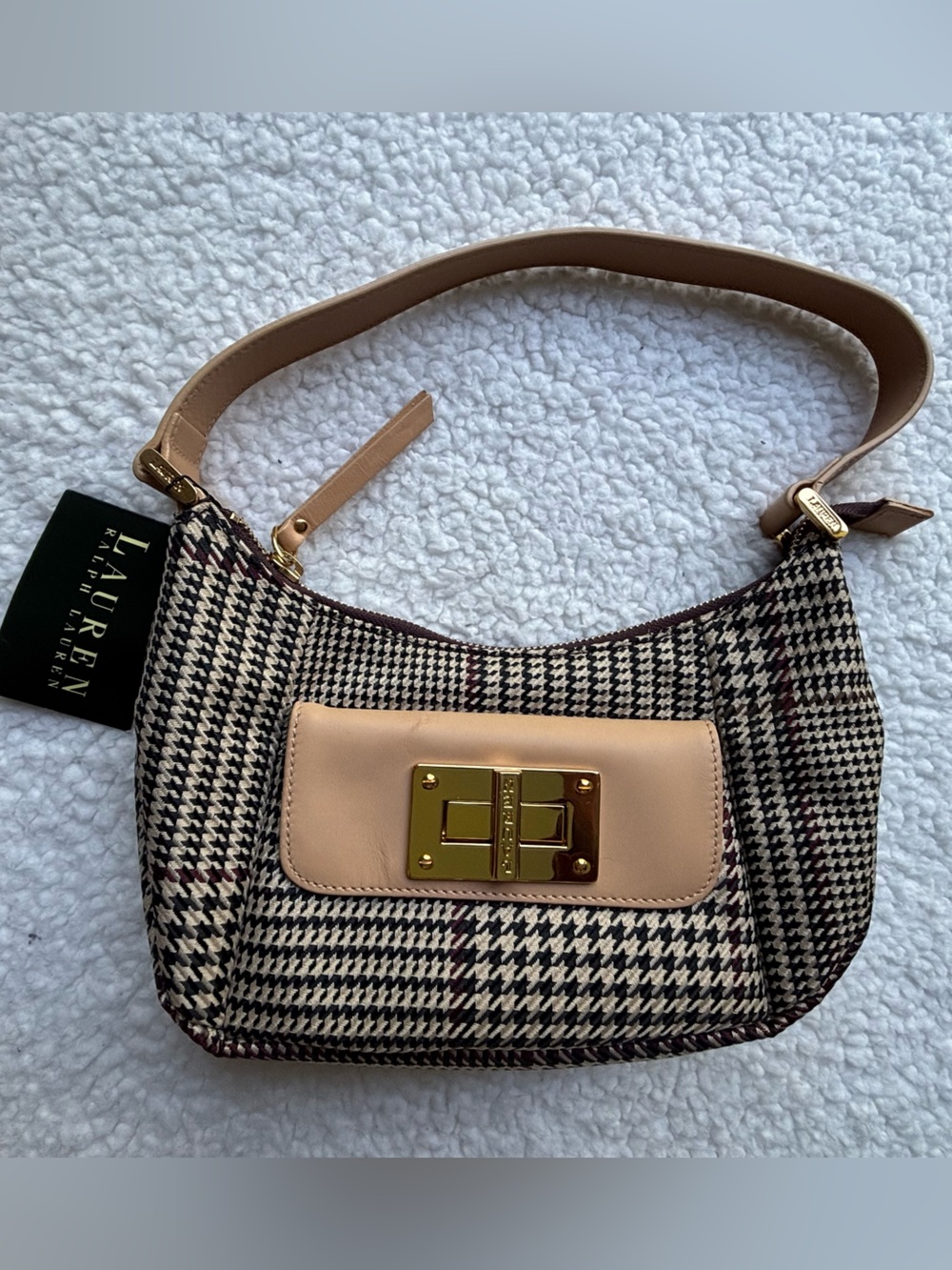 NWT Ralph Lauren Houndstooth Shoulder Bag with Beige Turnlock Pocket